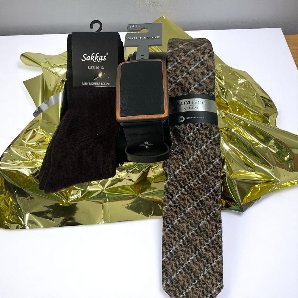 Mens Gift Set Sun Stone Belt Alfani‎ Tie Sakkas Socks Brown Black Business NWT